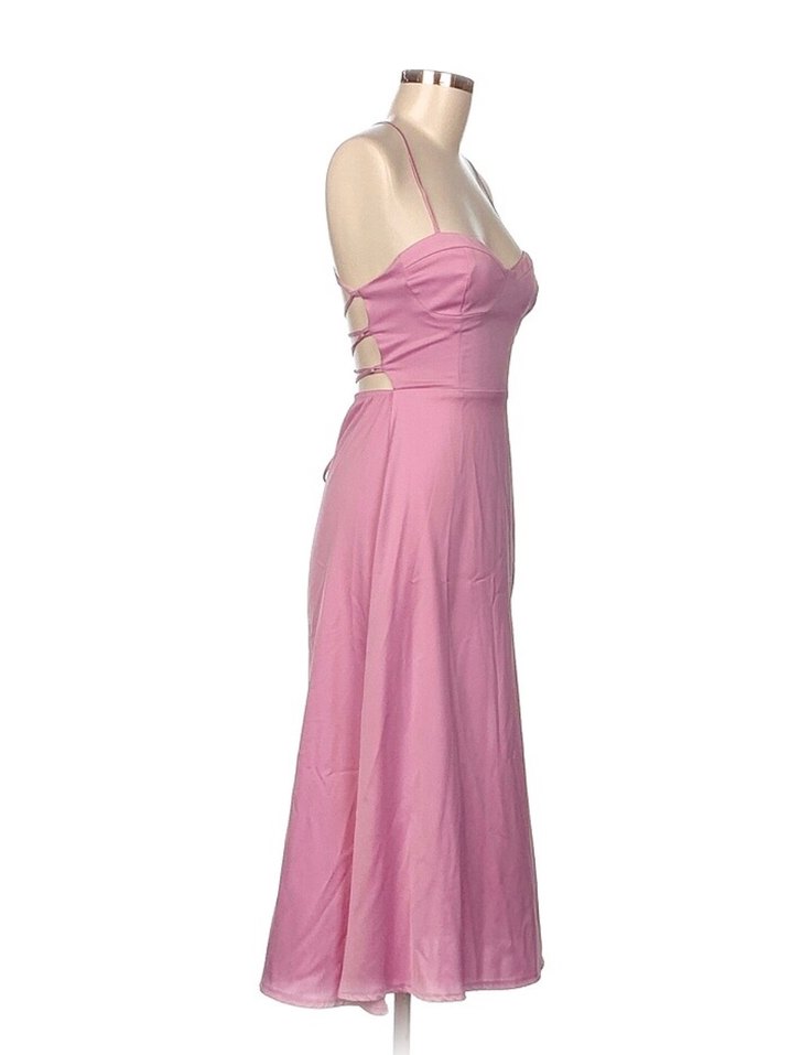 Pembe İp Askılı Uzun Saten Elbise - Görsel 2