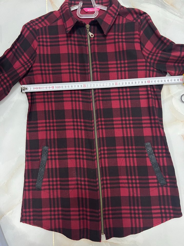 Bordo Ekose Desenli Uzun Kollu Kadın Gömlek - Görsel 5