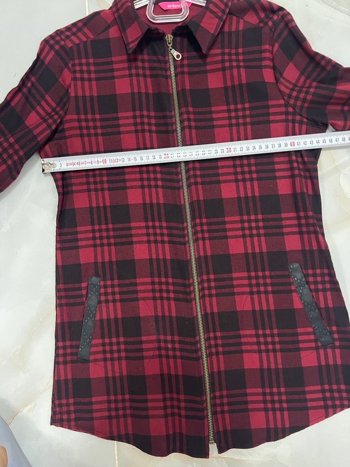 Bordo Ekose Desenli Uzun Kollu Kadın Gömlek - Görsel 4