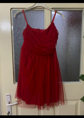 Kırmızı Mini Straplez Fırfırlı Abiye Elbise - Görsel 2