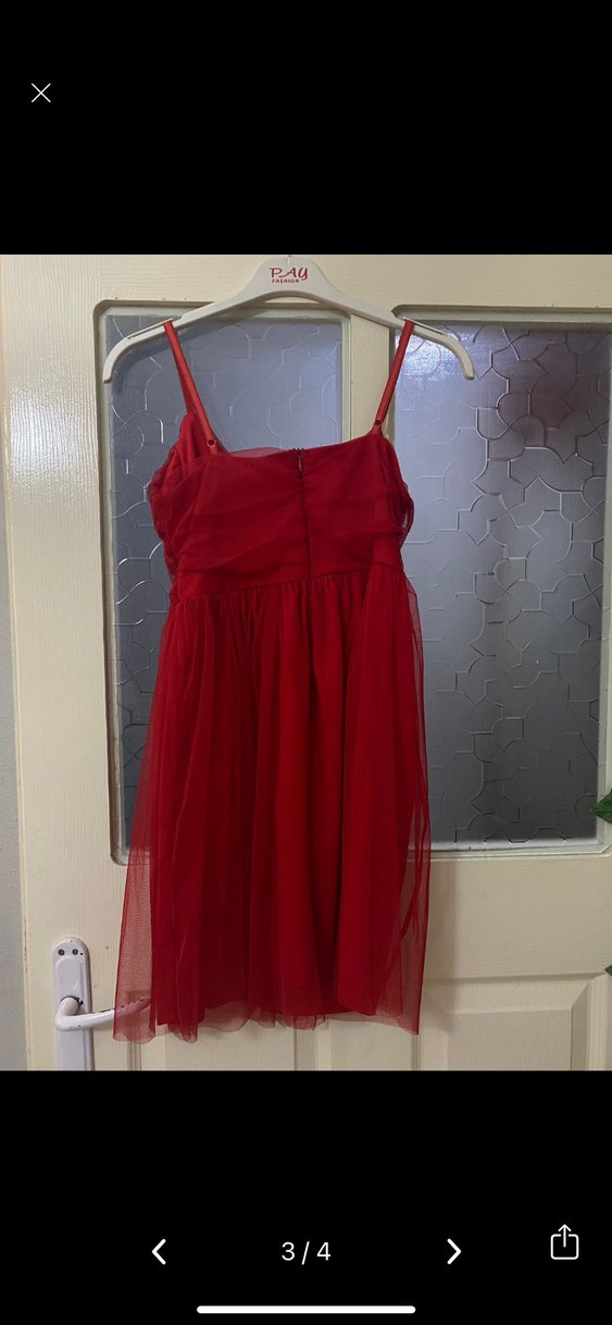 Kırmızı Mini Straplez Fırfırlı Abiye Elbise - Görsel 3