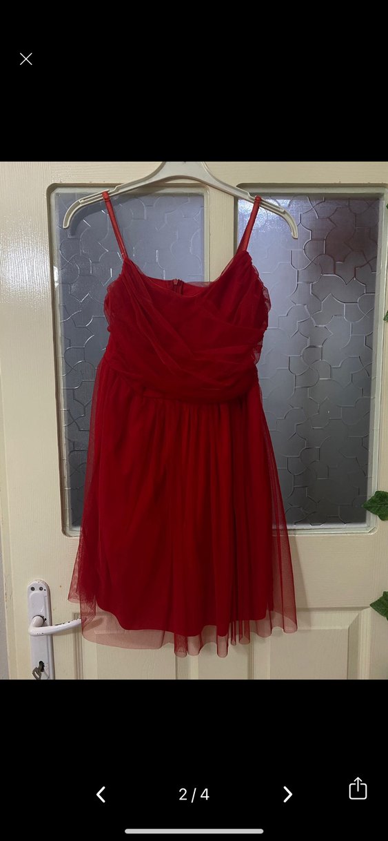 Kırmızı Mini Straplez Fırfırlı Abiye Elbise - Görsel 2