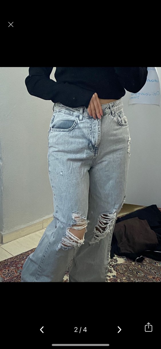 Gri Yırtık Bol Kesim Denim Pantolon - Görsel 2