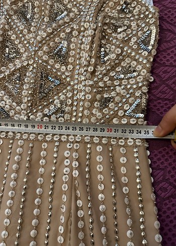 Boncuk İşlemeli Uzun Bej Abiye Elbise - Görsel 2