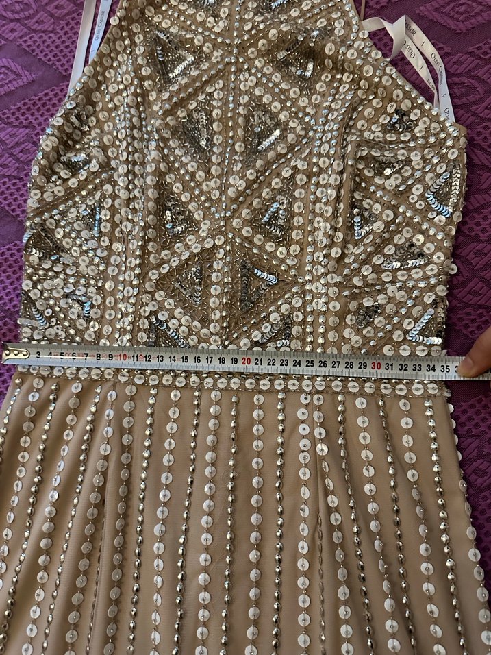 Boncuk İşlemeli Uzun Bej Abiye Elbise - Görsel 3