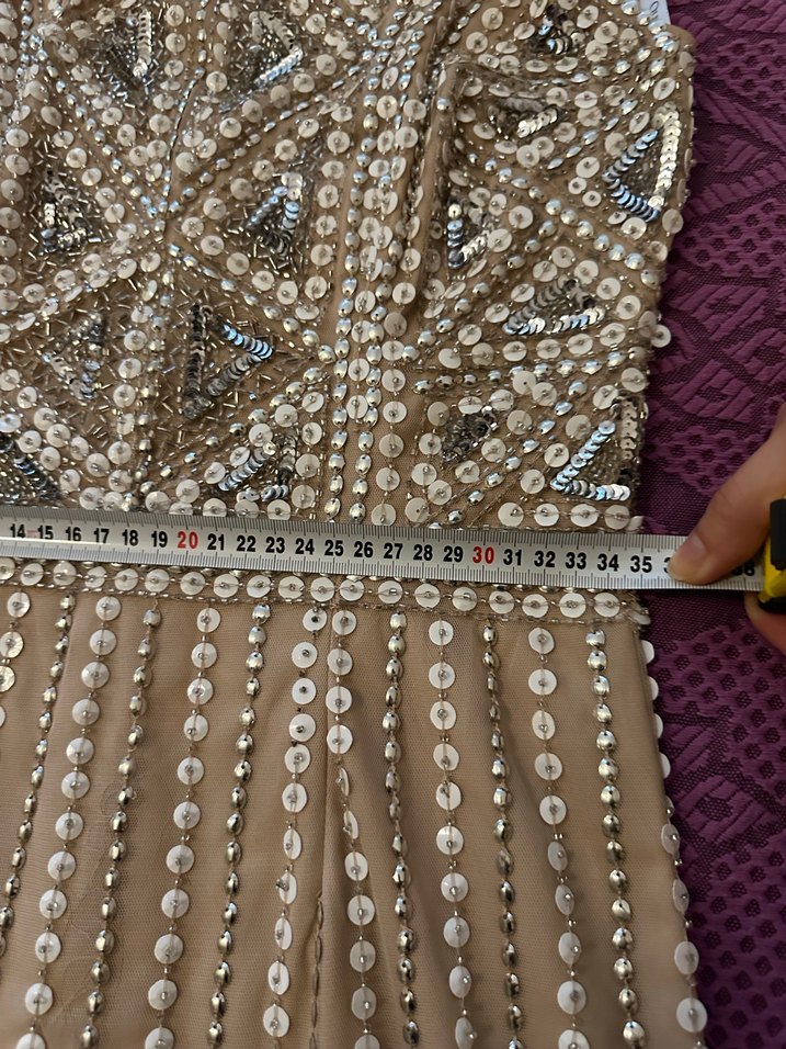 Boncuk İşlemeli Uzun Bej Abiye Elbise - Görsel 2