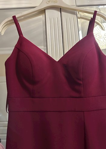 Bordo V Yakalı Midi Abiye Elbise - Görsel 2