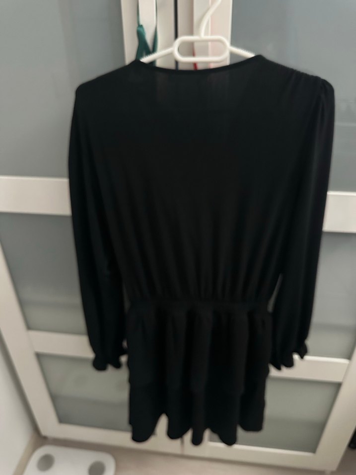 Siyah V Yaka Uzun Kollu Midi Elbise - Görsel 3