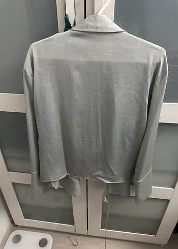 Gri saten Kadın Gömlek - Görsel 3