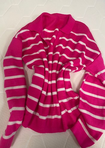 Pembe Çizgili Kadın Triko Sweatshirt - Görsel 6