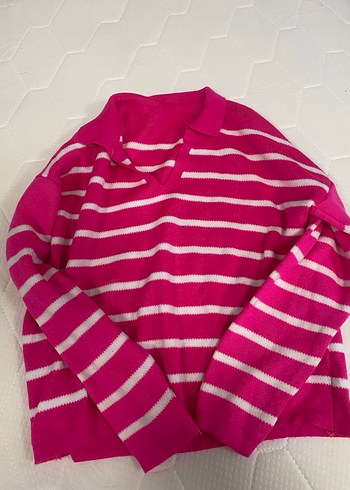 Pembe Çizgili Kadın Triko Sweatshirt - Görsel 2