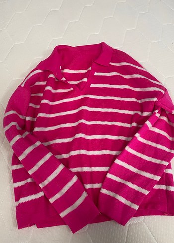 Pembe Çizgili Kadın Triko Sweatshirt - Görsel 3