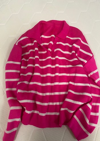 Pembe Çizgili Kadın Triko Sweatshirt - Görsel 5