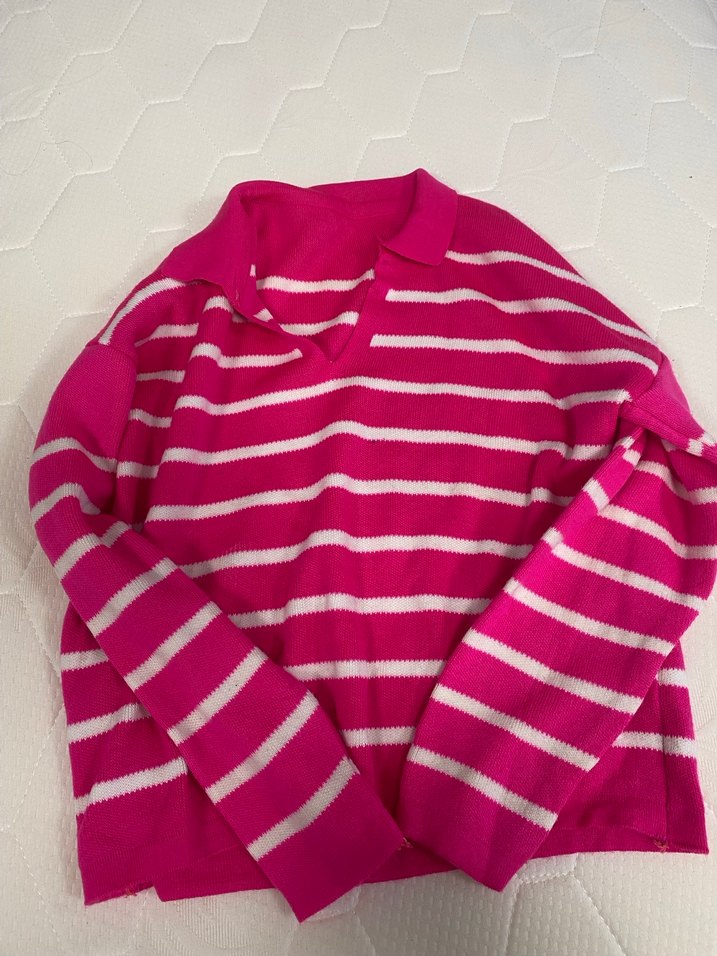 Pembe Çizgili Kadın Triko Sweatshirt - Görsel 2