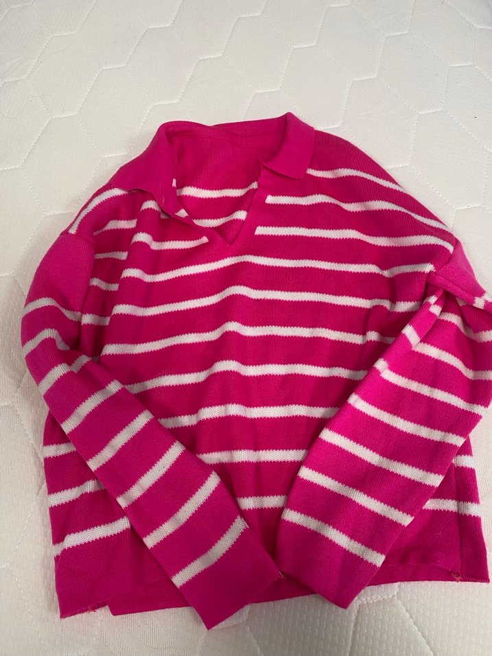 Pembe Çizgili Kadın Triko Sweatshirt - Görsel 3