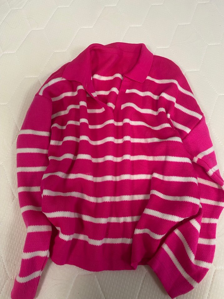 Pembe Çizgili Kadın Triko Sweatshirt - Görsel 5