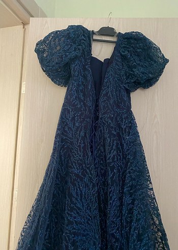 Navy Drapeli Uzun Straplez Kadın Abiye Elbise - Görsel 3