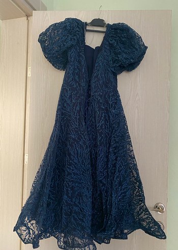 Navy Drapeli Uzun Straplez Kadın Abiye Elbise - Görsel 2