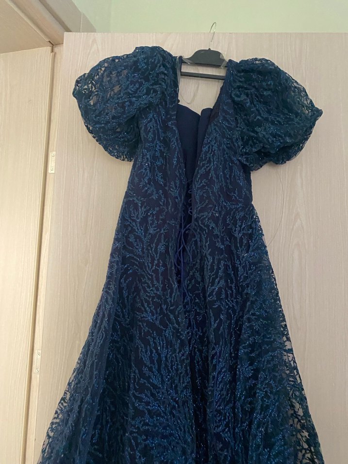 Navy Drapeli Uzun Straplez Kadın Abiye Elbise - Görsel 3