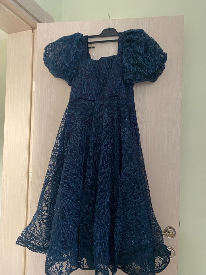 Navy Drapeli Uzun Straplez Kadın Abiye Elbise - Görsel 4