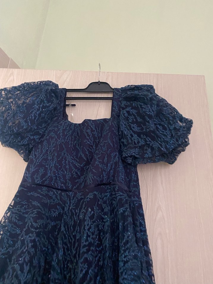 Navy Drapeli Uzun Straplez Kadın Abiye Elbise - Görsel 5