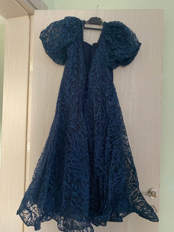 Navy Drapeli Uzun Straplez Kadın Abiye Elbise - Görsel 2