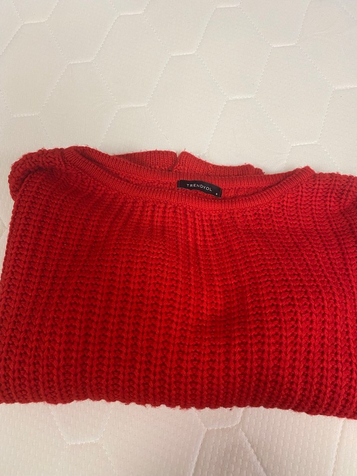 Kırmızı Örgü Kadın Kazak, Uzun Kollu - Görsel 5