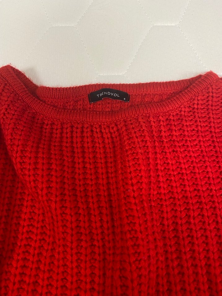 Kırmızı Örgü Kadın Kazak, Uzun Kollu - Görsel 2