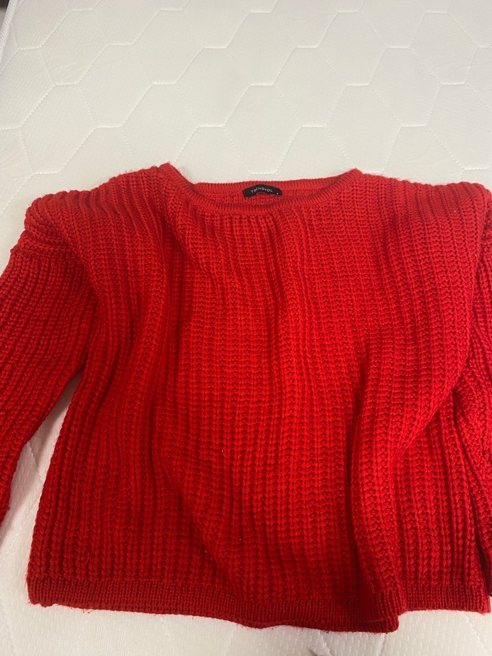 Kırmızı Örgü Kadın Kazak, Uzun Kollu - Görsel 3