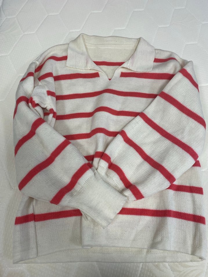 Kırmızı Çizgili Örgü Kadın Kazak - Görsel 4