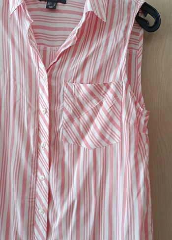 Pembe Çizgili V Yaka Kolsuz Pamuk Gömlek - Görsel 2