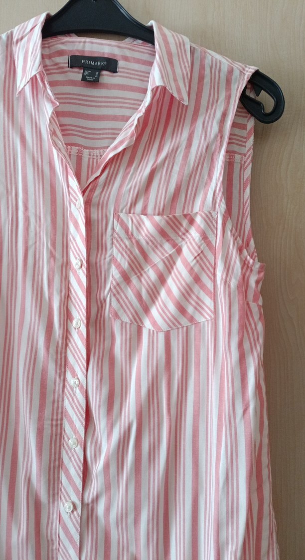 Pembe Çizgili V Yaka Kolsuz Pamuk Gömlek - Görsel 2