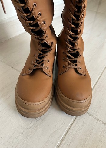 Diz Boyu Bağcıklı Bej Deri Kadın Çizme - Görsel 6