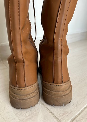 Diz Boyu Bağcıklı Bej Deri Kadın Çizme - Görsel 7