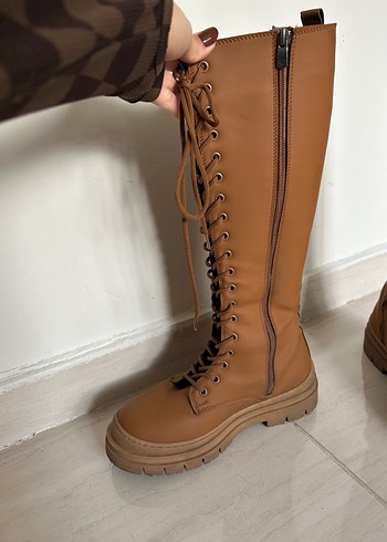 Diz Boyu Bağcıklı Bej Deri Kadın Çizme - Görsel 2