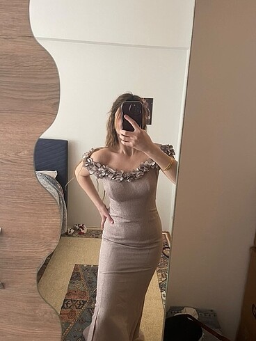 Lila simli omuz detaylı abiye elbise balık