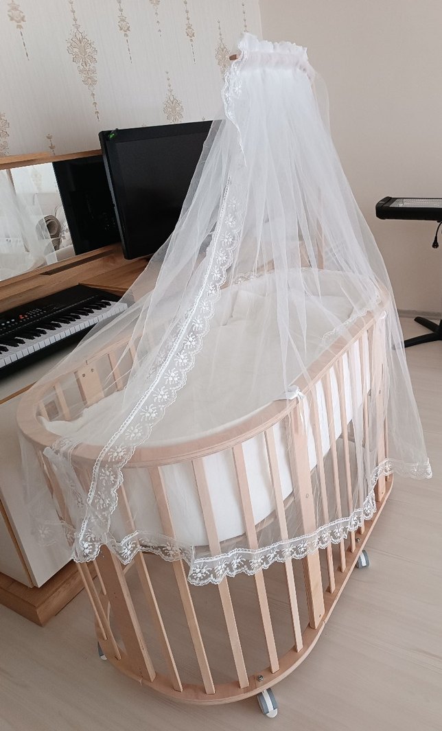 Beyaz Tül Perdeli Ahşap Bebek Beşiği - Görsel 2