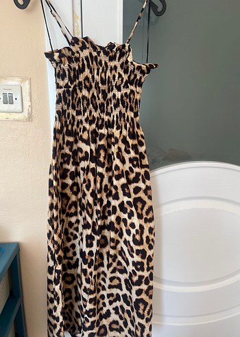 Leopar Desenli Uzun Askılı Elbise