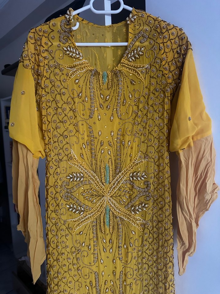 Taşlı Nakışlı Sarı Uzun Bohem Elbise - Görsel 3