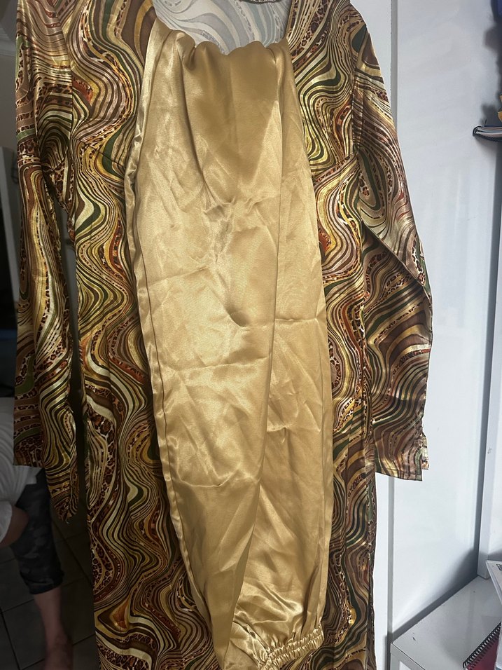 Saten Bohem Uzun Kollu Drapeli Altın Uzun şalvarlı Elbise - Görsel 4