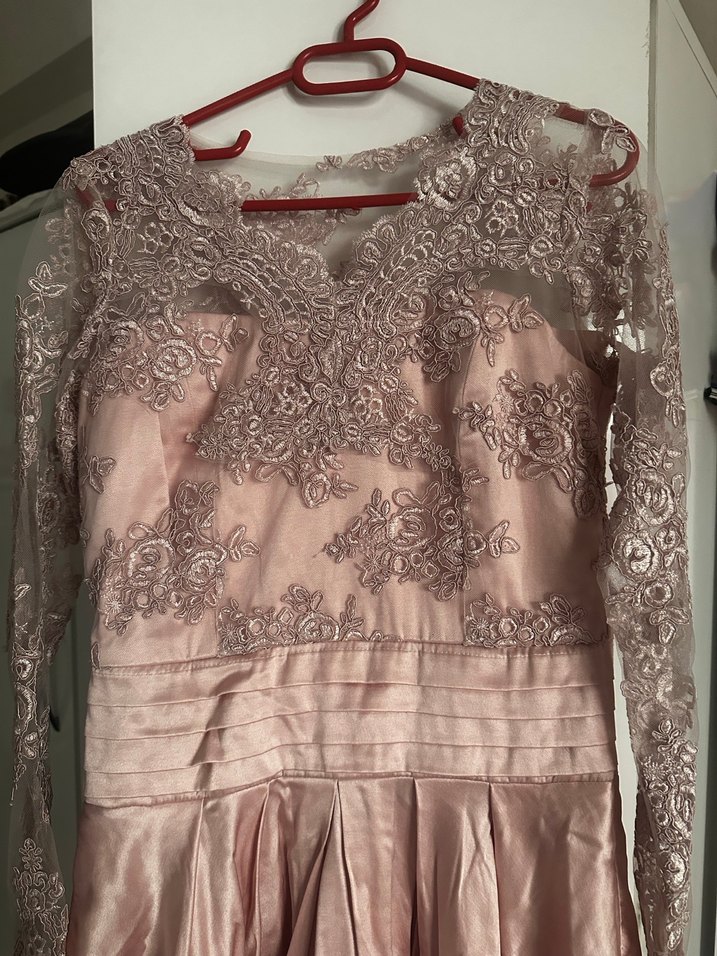 Dantel Detaylı Pembe Uzun Abiye Elbise - Görsel 2