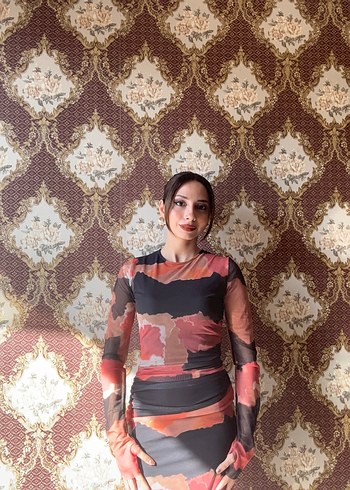 Zara Kahverengi Batik Desenli Uzun Balıkçı Yaka Elbise