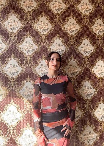 Kahverengi Batik Desenli Uzun Balıkçı Yaka Elbise