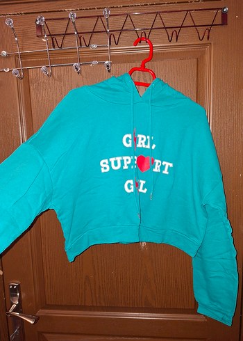 Koton Turkuaz Crop Kapusonlu Sweatshirt Rahat Ve Sik