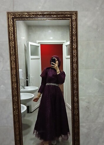 Prenses Model Mor Simli Abiye Elbise Tesettür