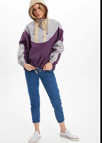 Yağmurluk Düğmeli Yüksek Yakalı Mor Gri - Görsel 3