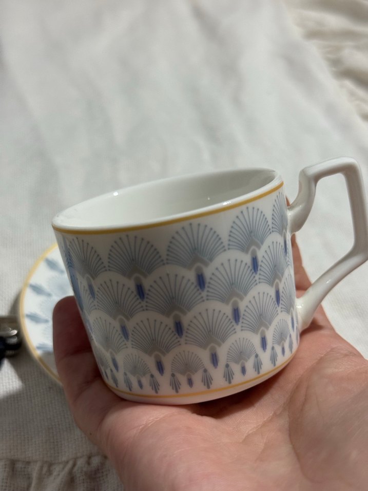 Desenli Beyaz ve Gri Porselen Fincan ve Tabağı - Görsel 2