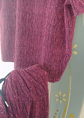 Bordo Parlak  taşlı simli rahat esnek ikili takım. yeni - Görsel 5