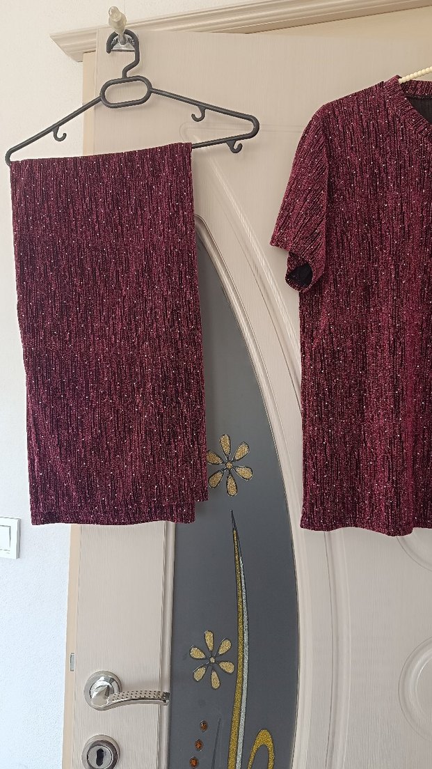 Bordo Parlak  taşlı simli rahat esnek ikili takım. yeni - Görsel 2