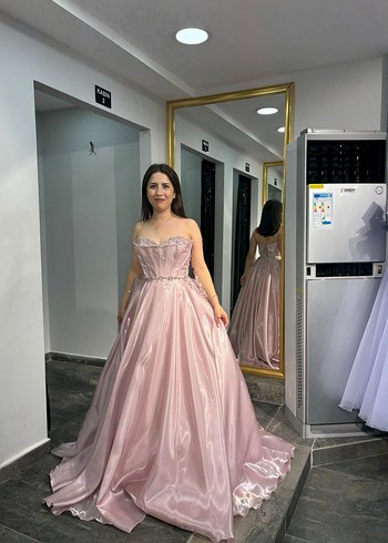 Pudra Pembe Straplez Uzun Nişan Elbisesi